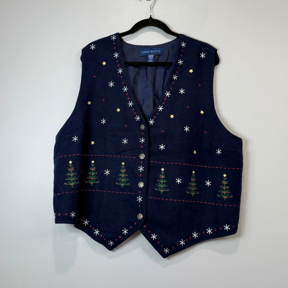 Karen Scott II Christmas Vest Womens 2X Navy Blue Embroidered Tree
